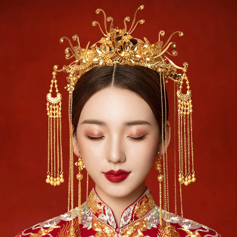 sengpan Retro Chinese Headdress Crown Headband Catwalk Stage Wedding Hair Accessories Pearls Beaded Tassel Tiaras Earring Hair Jewelry