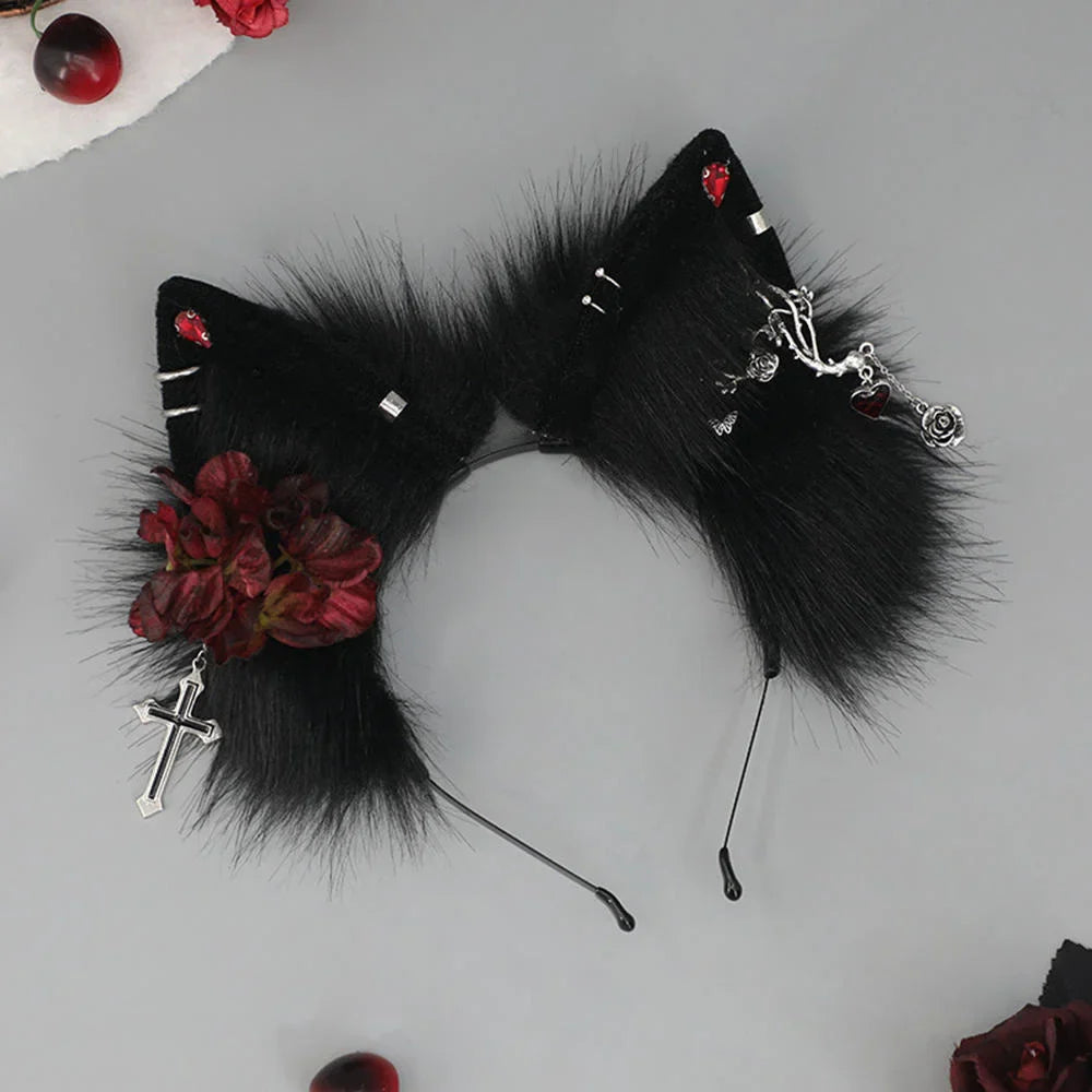 sengpan Halloween Gothic Style Headband Simulation Plush Cat Ear Hairband Bat Wings Hair Hoop Cosplay Hair Accessories Dress Up Prop