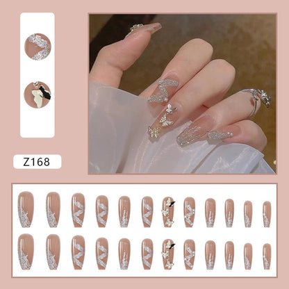 sengpan 24P Nail Art Fake Nails Japanese Ballerina Press on Nails Set Diamond Streamer Flash Fly Butterfly Seamless Removable False Nail