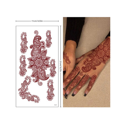 sengpan Red Lace Henna Tattoo Sexy Maroon Tattoo Stickers Waterproof India Mehndi Design Temporary Tattoos Finger Hand Tattoo For Women