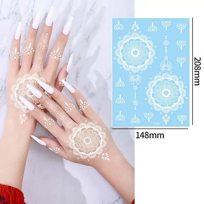 sengpan White Lace Henna Tattoo Butterfly Feather Fake Temporary Tattoos Women Summer Style Henna Design Stickers Body Art Party Wedding