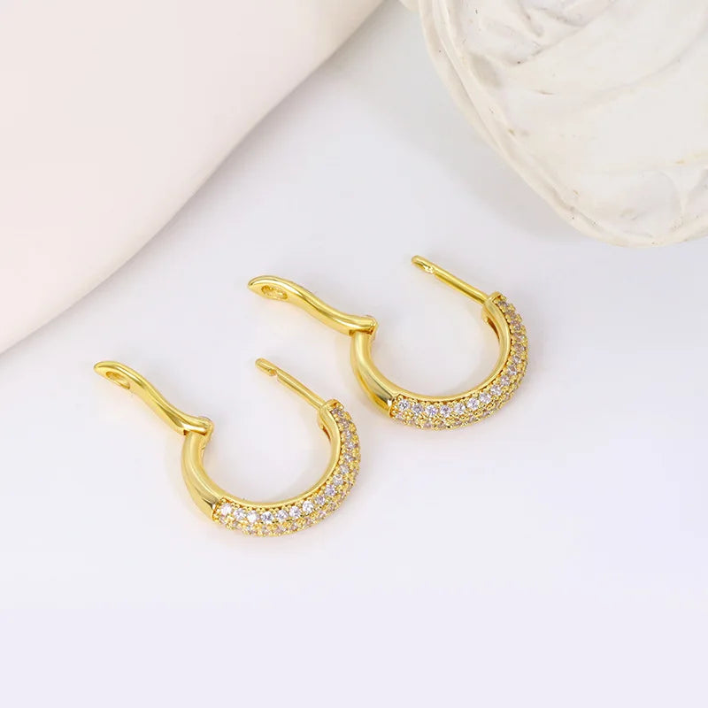 Lianfudai New 14K Real Gold Plated Hoop Earrings For Women Round Oval Shap CZ Zircon Thin Ear Hoops  High Quality Jewelry Accessories