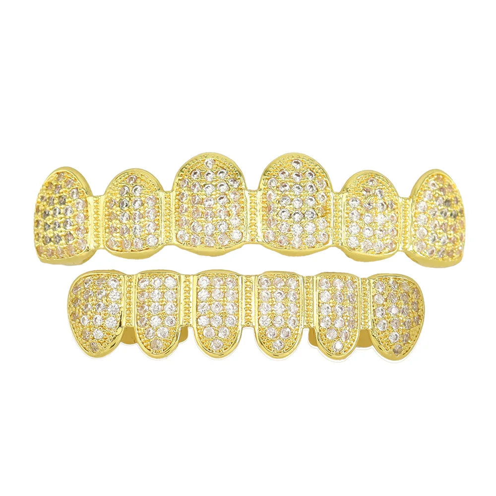 sengpan  Hip Hop 6/6 Zircon Teeth Grillz Punk 18K Gold Plated CZ Stone Dental Grills Tooth Caps For Women Men Jewelry Gift