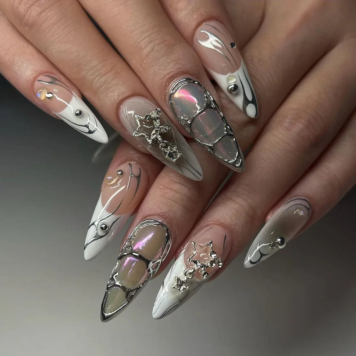 sengpan Punk Cool Fake Nails Y2k Sliver Star Crystal Crocodile Pattern Press on Nails Long Coffin Heavy Metal French False Nails