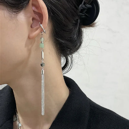 sengpan Vintage Chinese Style Artificial Jade Tassel Flower Ear Clip No Piercing Earring Trendy Punk Metal Ear Cuff Clip Earring