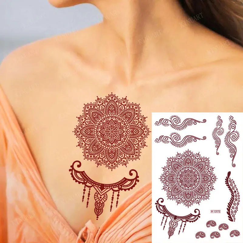 sengpan Brown Henna Stickers for Hand Flower Temporary Henna Tattoos for Women Fake Tatoo Waterproof Mehndi Designs Wedding Tattoo Hena