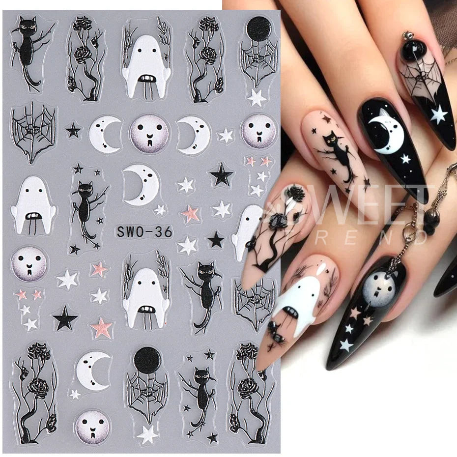 sengpan Cartoon Skull Halloween Nail Art Stickers Pink Bones Ghost Cat Moon Tree Owl Stripes Lines Winter Christmas Manicure Decoration