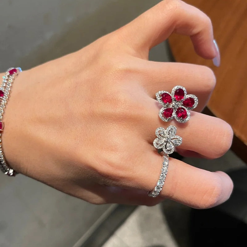 sengpan Red White Zircon Double Flower Rings for Women  Delicate New Fashion Jewelry Ring Adjustable Statement Bijoux Gifts