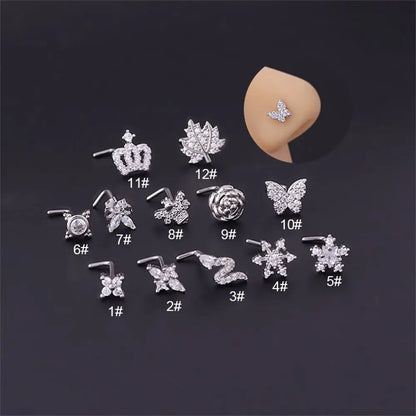 Lianfudai New Fashion Unisex Zircon Punk Style Nose Nail Titanium Steel L Shaped Nose Studs Piercing Jewelry