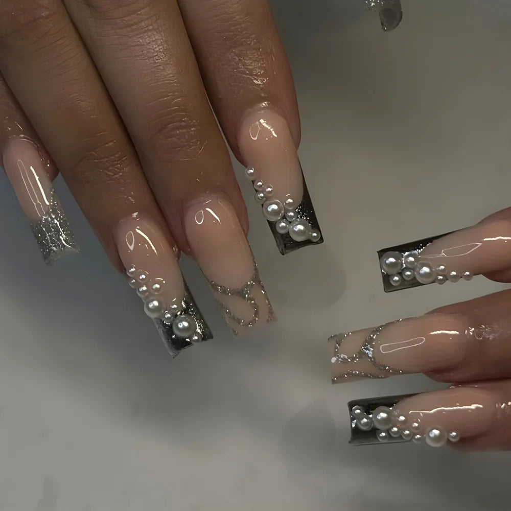 sengpan Punk Cool Fake Nails Y2k Sliver Star Crystal Crocodile Pattern Press on Nails Long Coffin Heavy Metal French False Nails