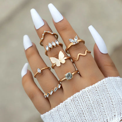 sengpan Colorful Crystal Snake Shape Ring Set For Women Fashion Butterfly Heart Gold Color Geometric Rings Female Wedding Finger Jewelry