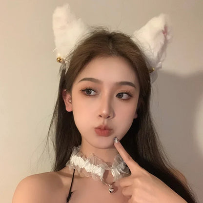 sengpan Sexy Kawaii Cat Ears Headband Women Girls Lace Bow Necklace Plush Bell Hairband Cosplay Halloween Party Costume Hair Accessories