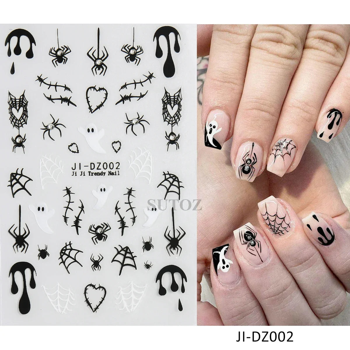 sengpan 5D Embossed Halloween Nail Stickers Skull Chams Spooky Flower Ghost Nail Decals Spider Web Skeleton Sliders for Manicure NTJI-5D