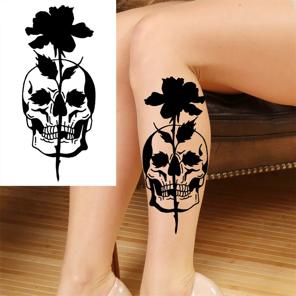 sengpan Death Skull Flower Temporary Tattoo For Women Girls Snake Bird Peony Tattoo Sticker Black Fake Blossom Sexy Tatoo Transfer Adult