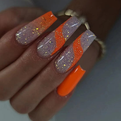 Lianfudai current nail trends 2023  24Pcs Long Ballet Shiny Orange False Nails with Sequins Gradient Stripe Design Press on Nails Art Wearable Coffin Fake Nail Tips