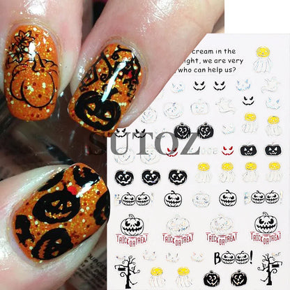 sengpan Embossed 3D Witches Nails Stickers Gold Black Witche Broom Boots Relief Design DIY Halloween Dark Style Manicure Decal CK-007