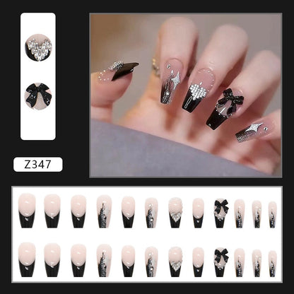 sengpan 24P Nail Art Fake Nails Japanese Ballerina Press on Nails Set Diamond Streamer Flash Fly Butterfly Seamless Removable False Nail