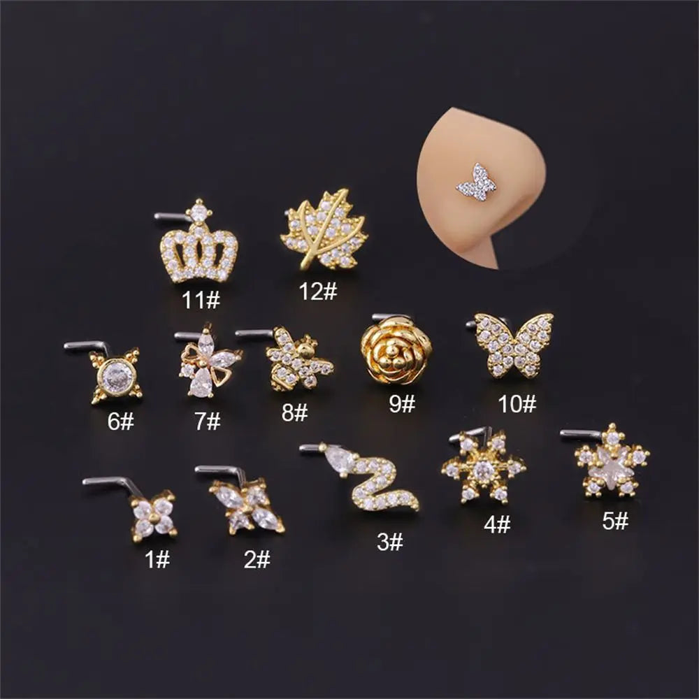 Lianfudai New Fashion Unisex Zircon Punk Style Nose Nail Titanium Steel L Shaped Nose Studs Piercing Jewelry