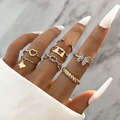 sengpan Bohemian Gold Color Butterfly Rings Set For Women Fashion Shiny Crystal Geometric Flower Knuckle Finger Ring Jewelry Adjustable