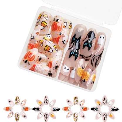 sengpan 48pcs/set Cute Ghost & Pumpkin Halloween Press-On Nails-Glossy Short Square Festive Designs Fake Nails for Women and Girls Wear