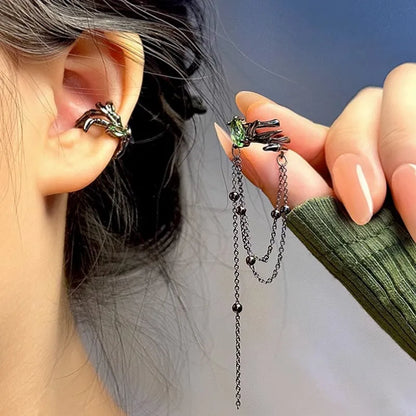 sengpan New Irregular Black Thorn Tassel Earbone Clip Earrings for Women Fake Piercing Asymmetric Black Green Zircon Chain Ear Jewelry