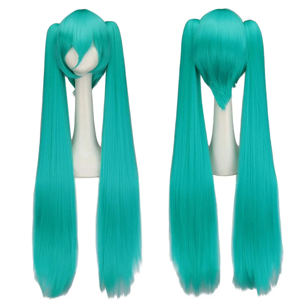 sengpan W Synthetic Hair Miku Cosplay Long Wig Green Heat Resistant Party Wigs with 2 Clip Ponytails Wigs