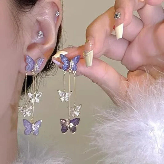 sengpan  -   Needle Purple Butterfly Long Tassel Earrings For Women Jewelry Trending Korean Fashion Luxury Crystal Earrings