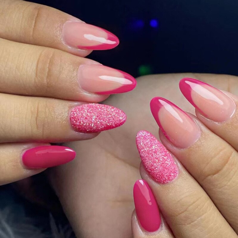 Lianfudai current nail trends 2023  24Pcs Glitter Pink Gradient French False Nails with Glue Long Almond Fake Nails Round Head Wearable Press on Nail Tips Manicure