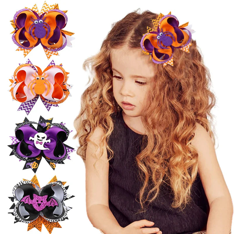 sengpan Multi-layer Swallow Tail Bow Hairpin Halloween Hair Clips for Girls Cute Pumpkin Spider Print Barrettes Hair Accessories