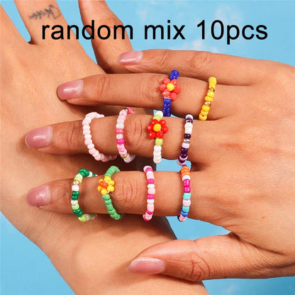 sengpan Korean Colorful Small Flower Ring Sets Bohemia Handmade Multi Beaded Rice Beads Finger Ring For Women Beach Jewelry Gifts