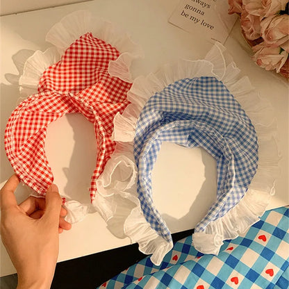 sengpan Summer Plaid Hair Scarf Headband for Women Girls Fashion Korean Sweet Lace Travel Photo Hairbands Headwear Hair Accessories