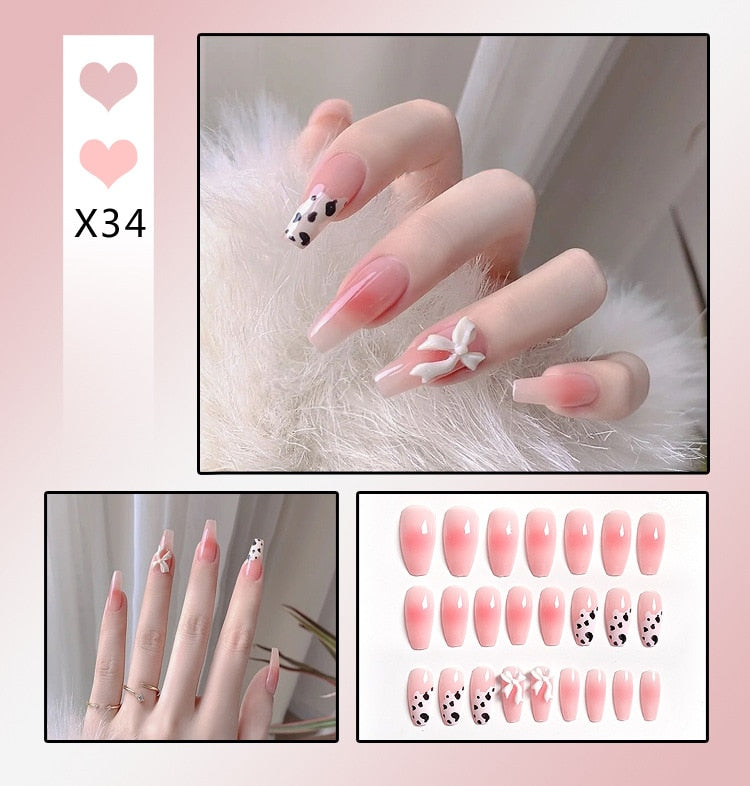 sengpan 24Pcs French With Drill Short Fake Nails Press On Nail Tips Artificial Full Cover Cute Bow Wearing False Nails Art Free Shipping