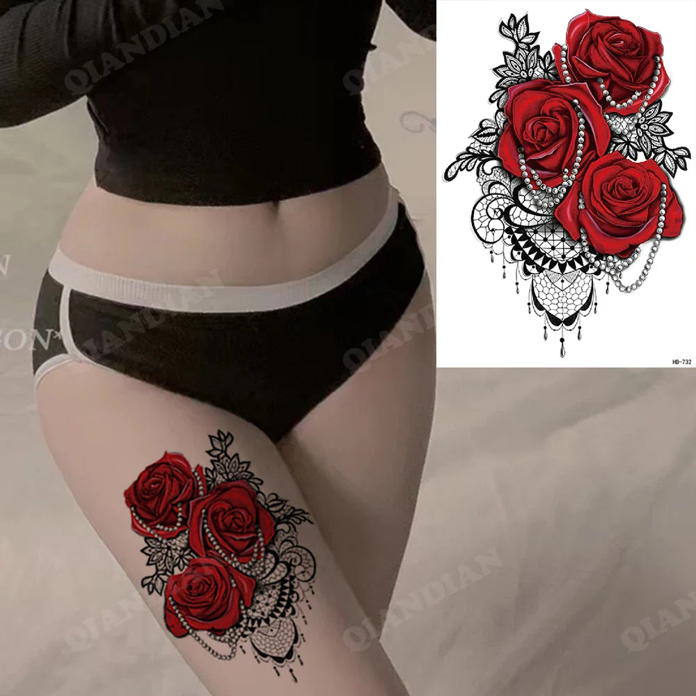 sengpan Black Flower Rose Waterproof Temporary Bird Snake Sexy Body Arm Leg Gem Henna Tattoo Fashion Big Fake Sleeve Sticker