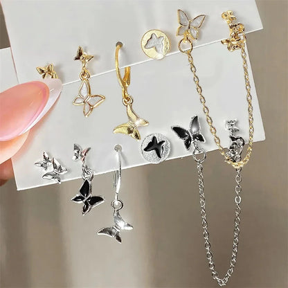 Lianfudai Fashion Silver Color Butterfly Stud Earring Set For Women Heart Rromantic Eardrop Trendy 2024 New Trend Jewelry Gifts INS