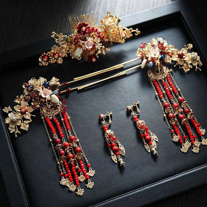 sengpan Chinese Long Hair Stick Tiara Headpiece Women Hair Accessories Headwear Flower Pearl Hair Pins Handmade Hanfu Hair Jewelry Set