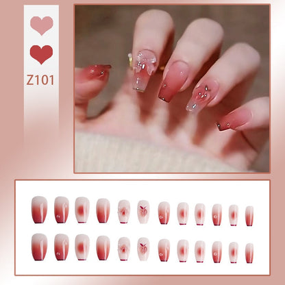 sengpan 24P Nail Art Fake Nails Japanese Ballerina Press on Nails Set Diamond Streamer Flash Fly Butterfly Seamless Removable False Nail