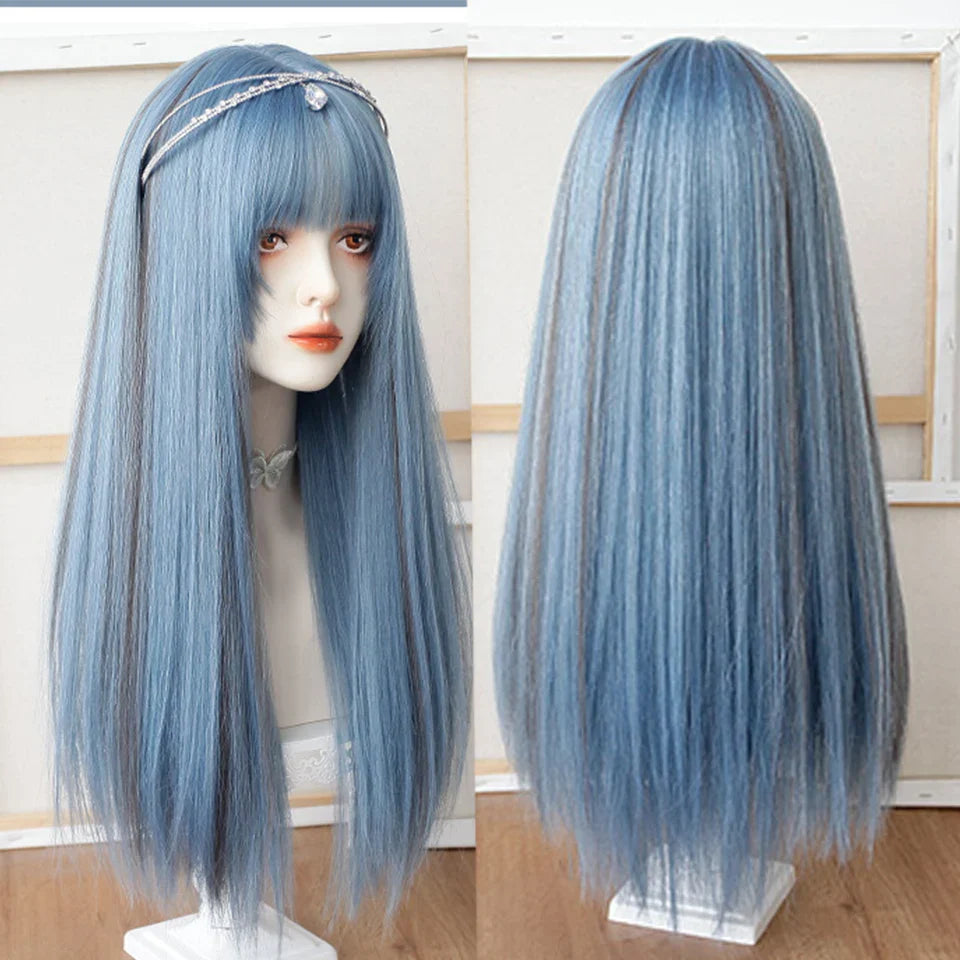 sengpan synthetic long straight hair women's wig silver gradient gray wig cosplay lolita bangs wig party wig