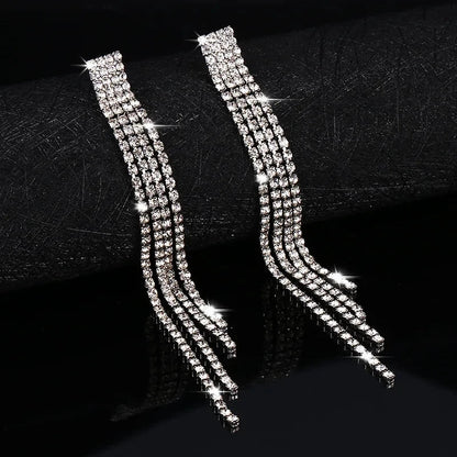 Lianfudai  New Luxury Rhinestone Crystal Long Tassel Earrings for Women Bridal Drop Dangling Earrings Party Wedding Jewelry Gifts