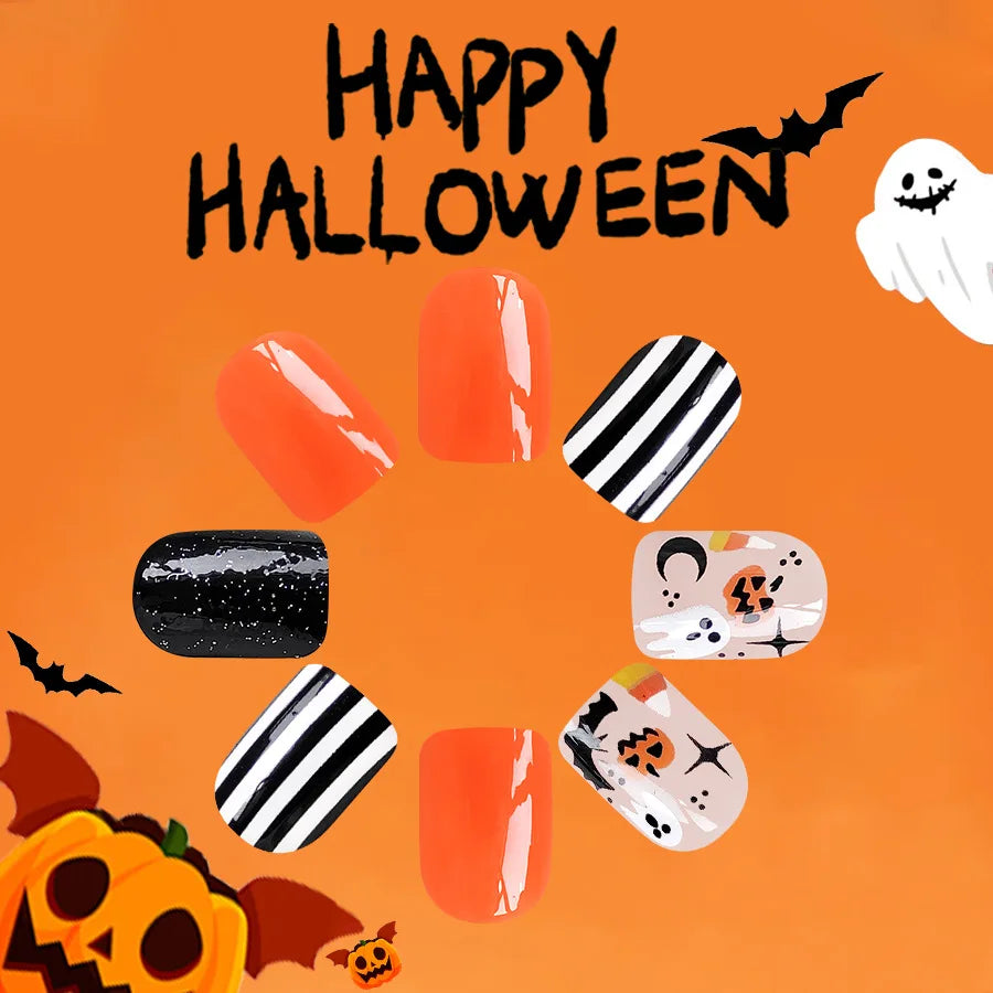 sengpan 24pcs/set Halloween Press-On Nails Set - Short Square, Glossy Finish with Cute Ghost & Pumpkin Designs in Orange/Black for Women