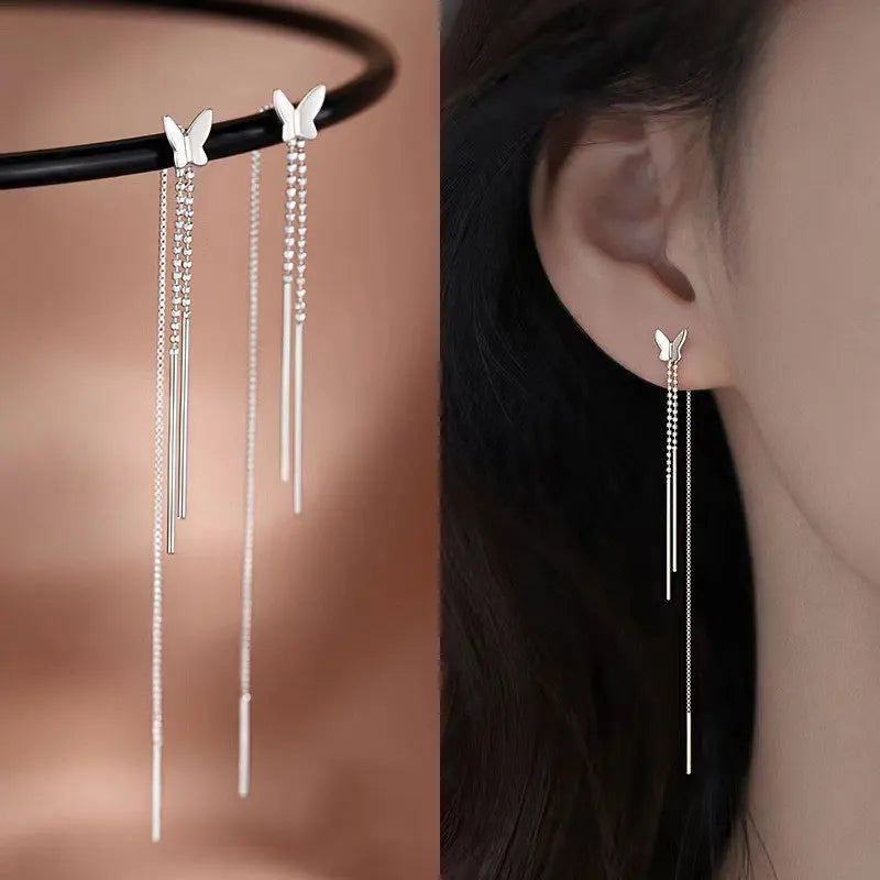 Lianfudai New Luxury Gold Color Long Tassel Earrings Trendy Korean Fashion White Zircon Ear Wire Women Accessories Earring Jewelry Gifts