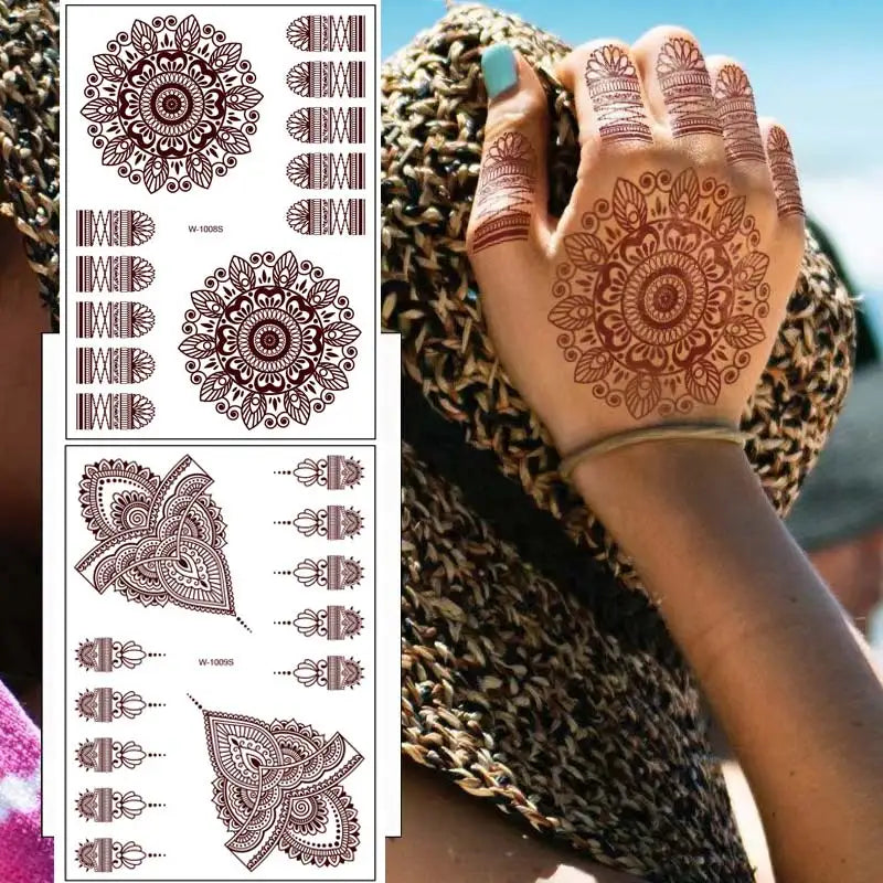 Lianfudai New Design Brown Henna Tattoos for Women Flower Mandala Mehndi Sticker for Hand Waterproof Tattoo Fake Hena Tatoo