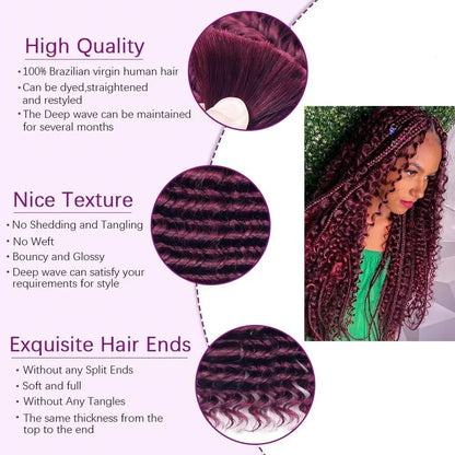 sengpan 20inch Burgundy Deep Wave Braid Human Hair Bulk Extensions for Braiding No Weft 100g (1Pack-2Bundles) Red 100% Virgin Human Hair