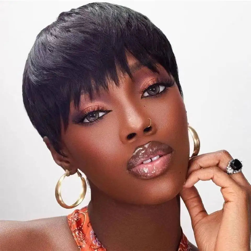 sengpan Short Pixie Cut Wig Human Hair Ready to Wear Brazilian Human Hair Wigs for Women  Black Brown Red Full Machine Wigs