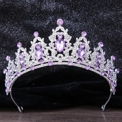 Lianfudai Luxury Elegant AB Crystal Crown Hair Accessories Tiara For Women Party Red Purple Rhinestone Bridal Crown New Hair Jewelry