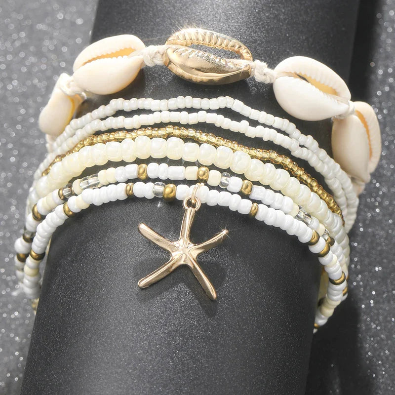 sengpan 7pc/set Bohemian Rice Beads Starfish Pendant Anklet Set Fashion Summer Beach Sea Shell Multilayer Ankle Bracelet On Foot Jewelry