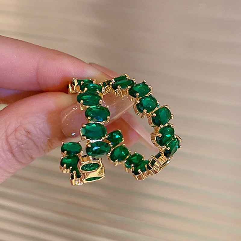 sengpan Luxury High Quality Inlay CZ Hoop Earrings Round Green Zircon Crystal Earring for Women Engagement Party Statement Jewelry