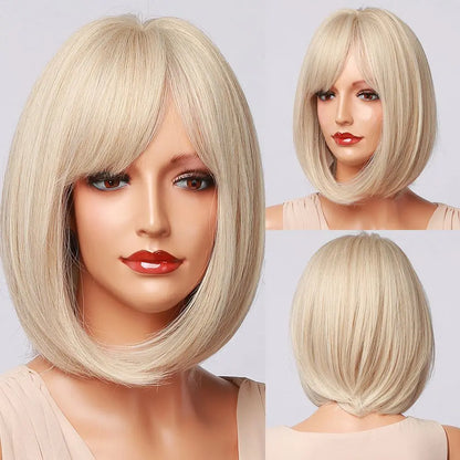 sengpan Short Straight White Platinum Wigs for Women Short Bob Synthetic Wig With Bangs Shoulder Length Heat Resistant Cosplay Wig