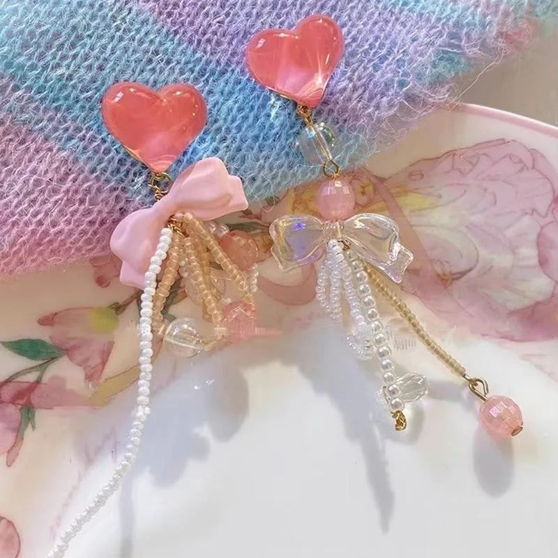 sengpan Super Fairy Pink Heart-Shaped Tassel Long Earrings Women Show Face Small Earrings Exaggerated Vacation Style Accessories Party