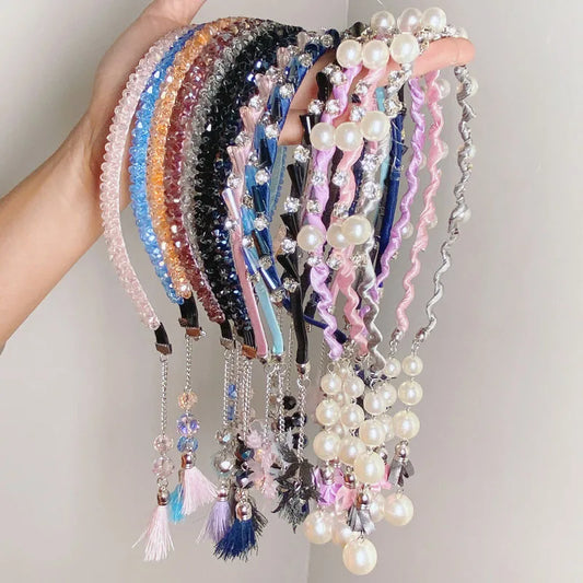 sengpan Fashion Earring Issuing Tassel Pearl Headbands Anti-Slip Dangler Teeth Rhinestone Hairbands Hair Bands Hoops Hair Accessories