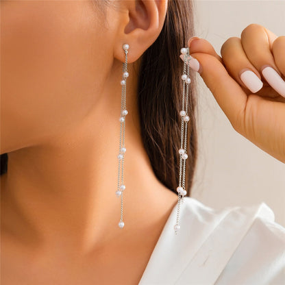 sengpan Classic Elegant Long Tassel Imitation Pearl Drop Earrings for Women Bride Goth Piercing Hanging Earrings Jewelry Wed Accessories